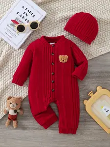 Knitted Baby Girl Onesie Set with Hat, Vintage Cute Style, Bear Patch, Button Design, Soft and Warm, Ideal for Newborns