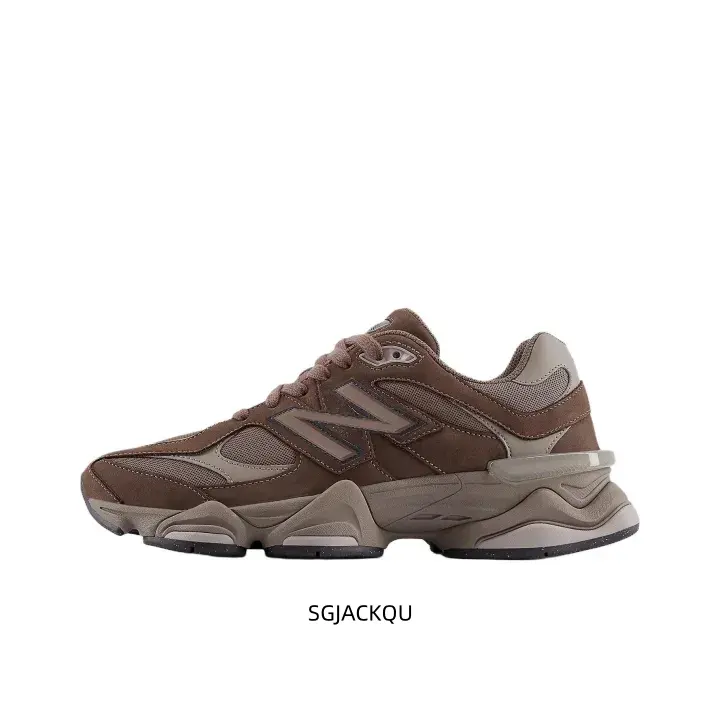 Mocha Brown Retro Trainers – Mesh & Suede Panels, Beige Accents, Thick Layered Sole, Trendy Athletic Shoes.