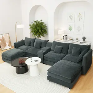 144" Modular U L Shaped Oversized Sectional Cloud Couch for Living Room, Comfy Fluffy Deep Seat Sofa with Movable Ottomans Modern Chenille 6 Seat Sectional Sofa Set with Console, Cup Holders, Corner Sofa with Frame Height 20.27"