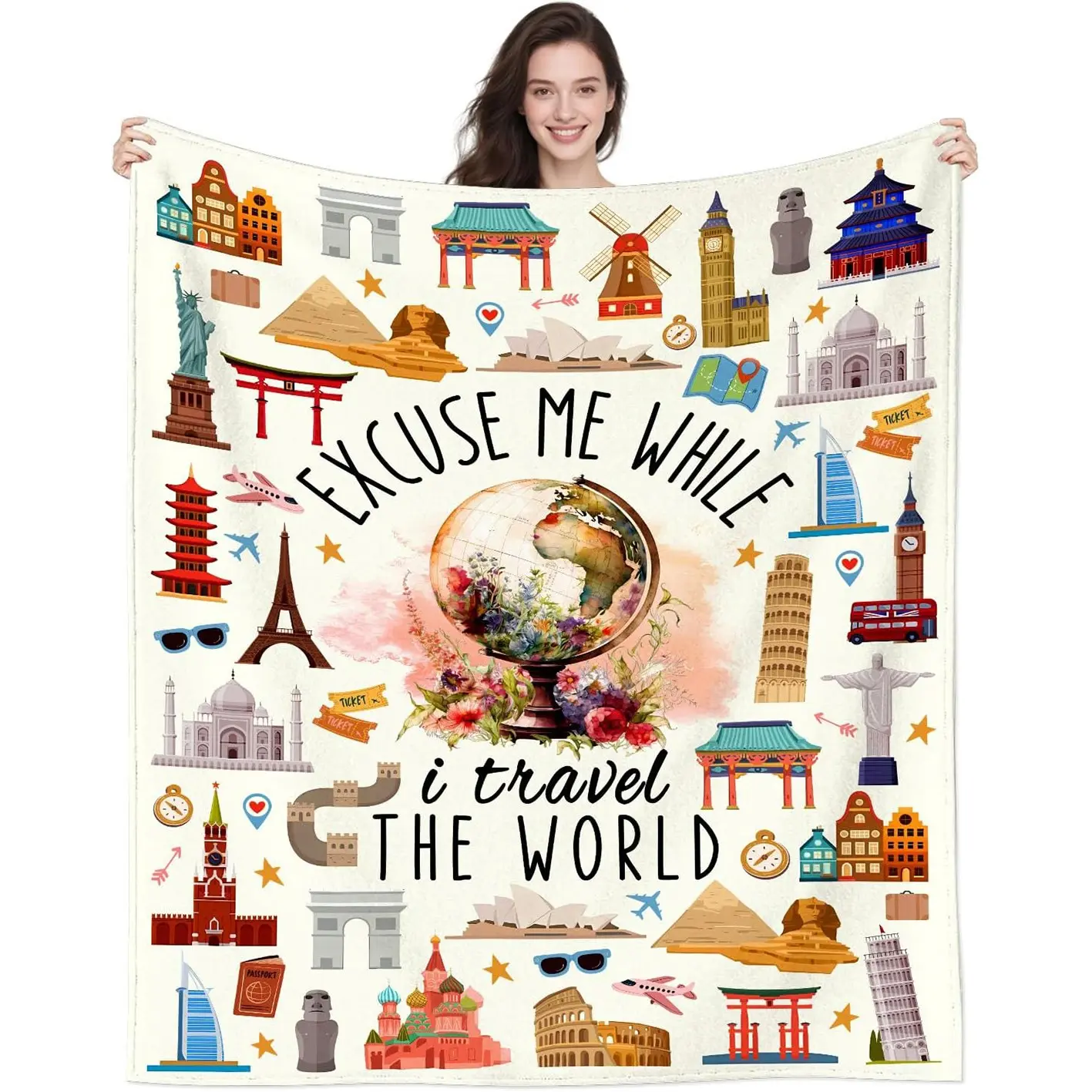 1pc Travel blanket, a gift for women, girls, and travelers; a unique travel blanket, the perfect gift for world travelers who love to travel; flannel blanket.