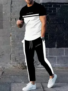 Los Angeles color splicing print, men's casual fashion two-piece set, round neck short sleeve and drawstring long pants outfit, with slight elasticity, regular fit Classic Clothes men's 2 piece set