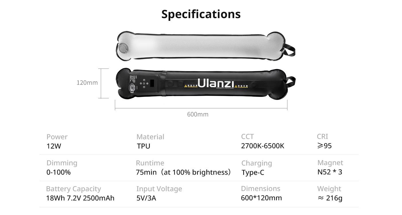 Ulanzi Portable Inflatable Air Tube Light UA12/UA20 , Handheld Magnetic 12W/20W 2700K to 6500K CRI 95+ Air Video Streaming Light 1/4 Mount Photography Lighting Stick