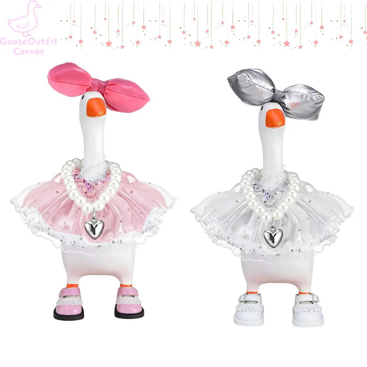 7 Inch Mini Desk Goose Statue Decor Set 4PCS White Outfit Mini Goose with Tiara Necklace Tutu Dress Wings Bow for Desk Key Holder
