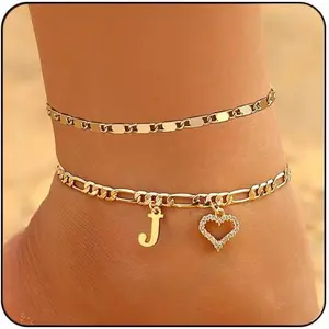 Initial Ankle Bracelets for Women Waterproof 14K Gold Plated Dainty Layered Figaro Chain Letter Initial CZ Heart Ankle Bracelets Set Summer Beach Jewelry for Women Anklet