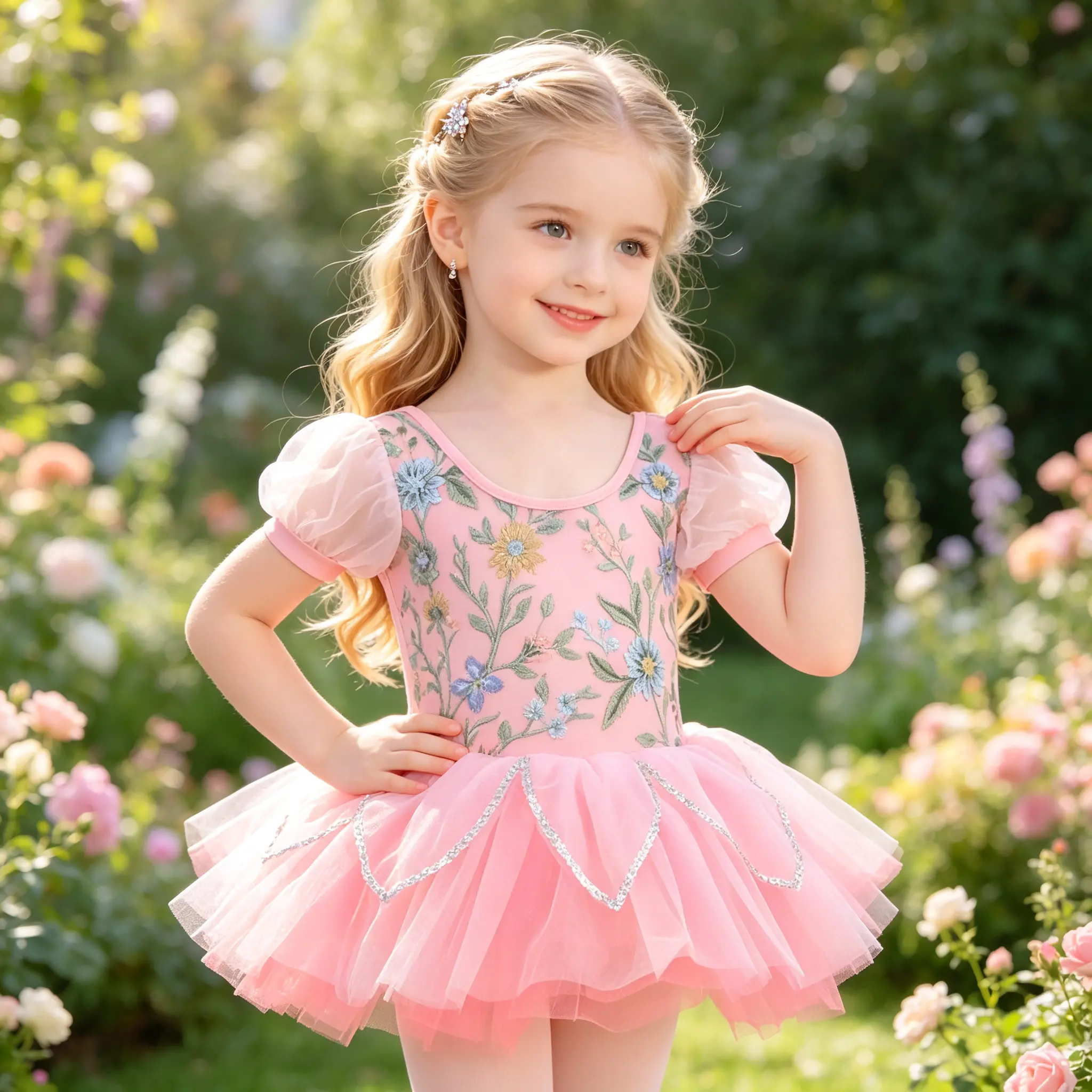 Toddler Girls Puff Sleeve Ballet Tutu Dress Floral Embroidery Leotard Costume Silver Trim Tulle Skirt For Dance Class Birthday Photoshoot