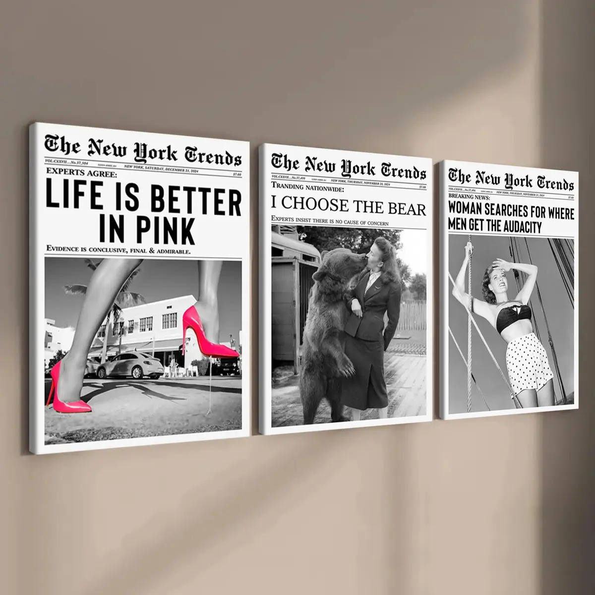 3-count wooden frame canvas, retro New York newspaper style Print poster, high-end atmosphere decoration for fashionable girls' rooms, suitable for corridor, living room, office and home wall decoration, Wooden Wall Art, ideal gift