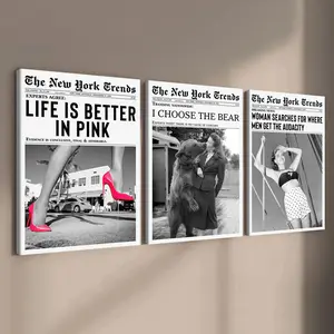 3-count wooden frame canvas, retro New York newspaper style Print poster, high-end atmosphere decoration for fashionable girls' rooms, suitable for corridor, living room, office and home wall decoration, Wooden Wall Art, ideal gift