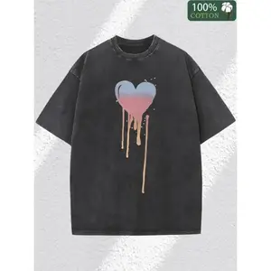 Men's Vintage Washed Gradient Love Print T-shirt Featuring Geometric Heart Design with Pink to Purple Ombre and Golden Drip Artistic Details