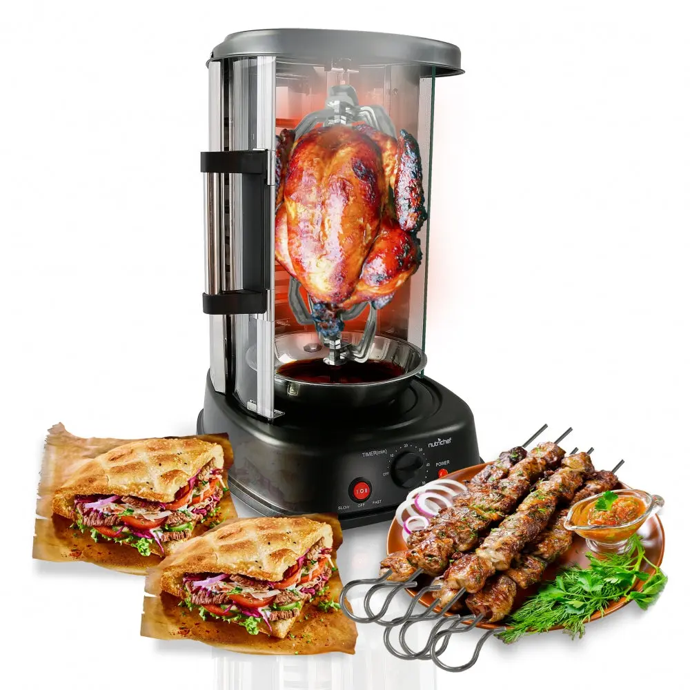 110V 1500W Corded Vertical Rotisserie Oven - 22QT Countertop Kebab Cooker with 7 Skewers, 11.1"x13.1"x17.7" Size, Heat-Resistant Tempered Glass Door, Adjustable Timer, Auto Shut-Off Safety, Grease Drip Tray - Kitchen Appliance, Energy Efficient