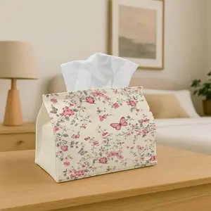 Tissue Box Holder Light Surface with Pink Floral and Butterfly Motifs - Multifunctional Napkin Dispenser for Home, Party, Car Decor - Decorative Tissue Paper Organizer, Living Room, Bedside Table - Compatible with Tissues/Roles/Sheets