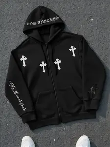 Men's Full Zip Up Hoodie Sweatshirt, Dark Gothic Cross Graphic Hooded Jacket Winter Warm Long Sleeves Casual Athletic Sweatshirt, Men's Clothes for Fall Outfits & Winter Outfits