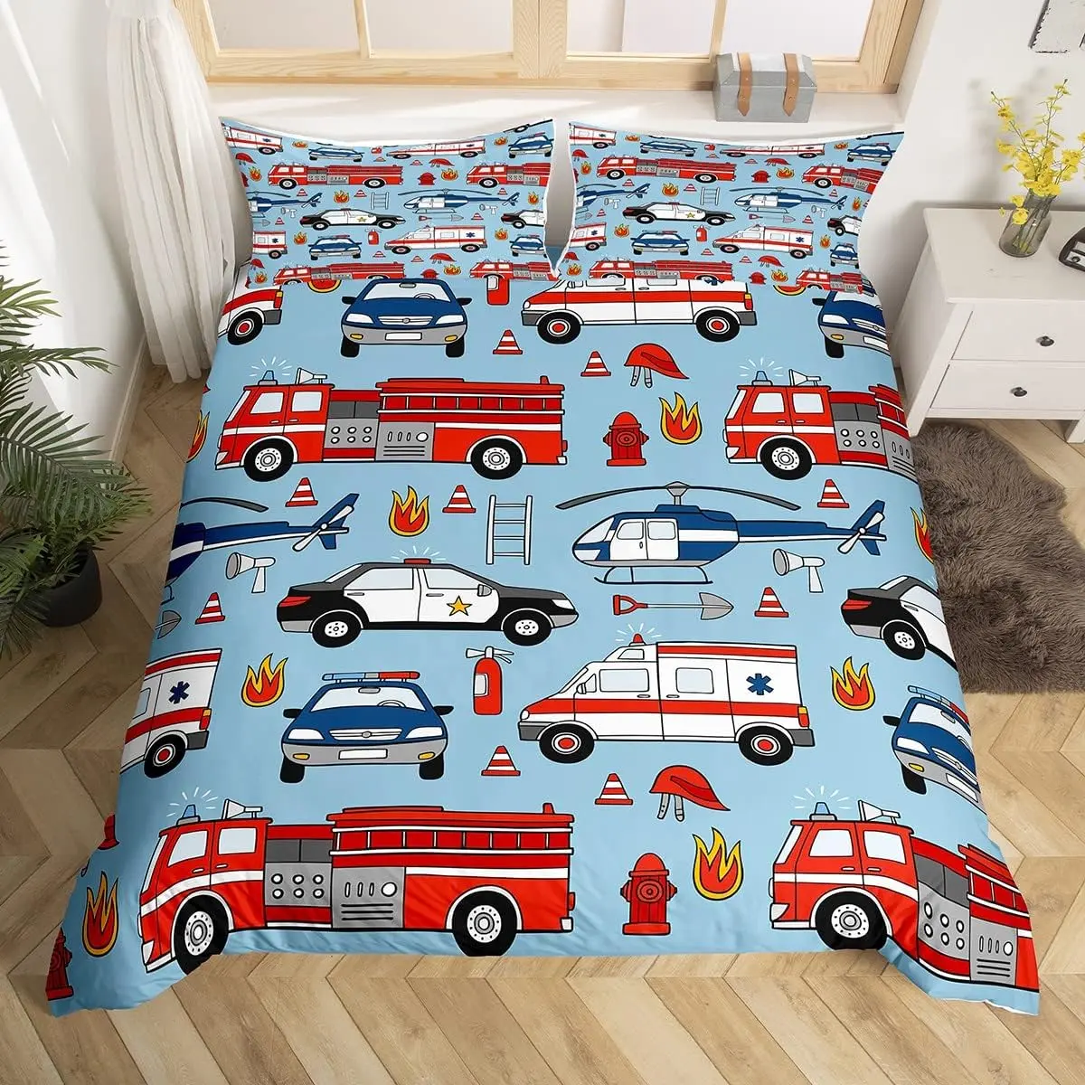 Feelyou 3D Print Cartoon Duvet Cover Set - Breathable, Soft, Decorative Bedroom Bedding Set - Twin/Full/Queen Size - Police Car, Red Fire Truck, Fire Extinguisher, Airplane Designs - No Comforter Included, Breathable Duvet Set, Duvetcovers, Twin Boys Bedd