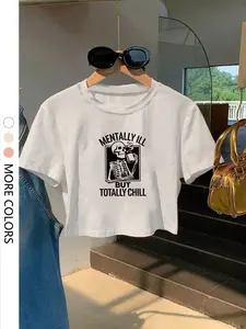 Halloween Women's Casual Home Wear, Funny Skull Print Round Neck Knit Cropped Short Top, Summer Fashion Tight Fit T-Shirt for Daily & Holiday