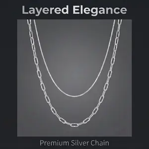 925 Silver Plated Triple Layered Necklace for Women, 50CM Dainty Sparkly Starburst & Paperclip Two Chain Combo, Shimmer Stackable Layering Clavicle Chain Minimalist Fashion Jewelry Gift