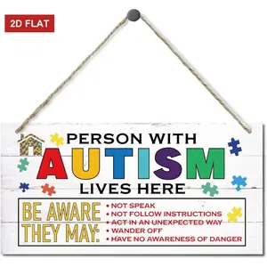 Person With Autism Lives Here Sign, Hanging Wood Sign Home Decorative, Living Room Decor, Wood Wall Art Sign, Colorful Autism Wood Plaque Sign, Autistic Support Decorative Plaque, Autism Family Decor 3.93x7.87inch