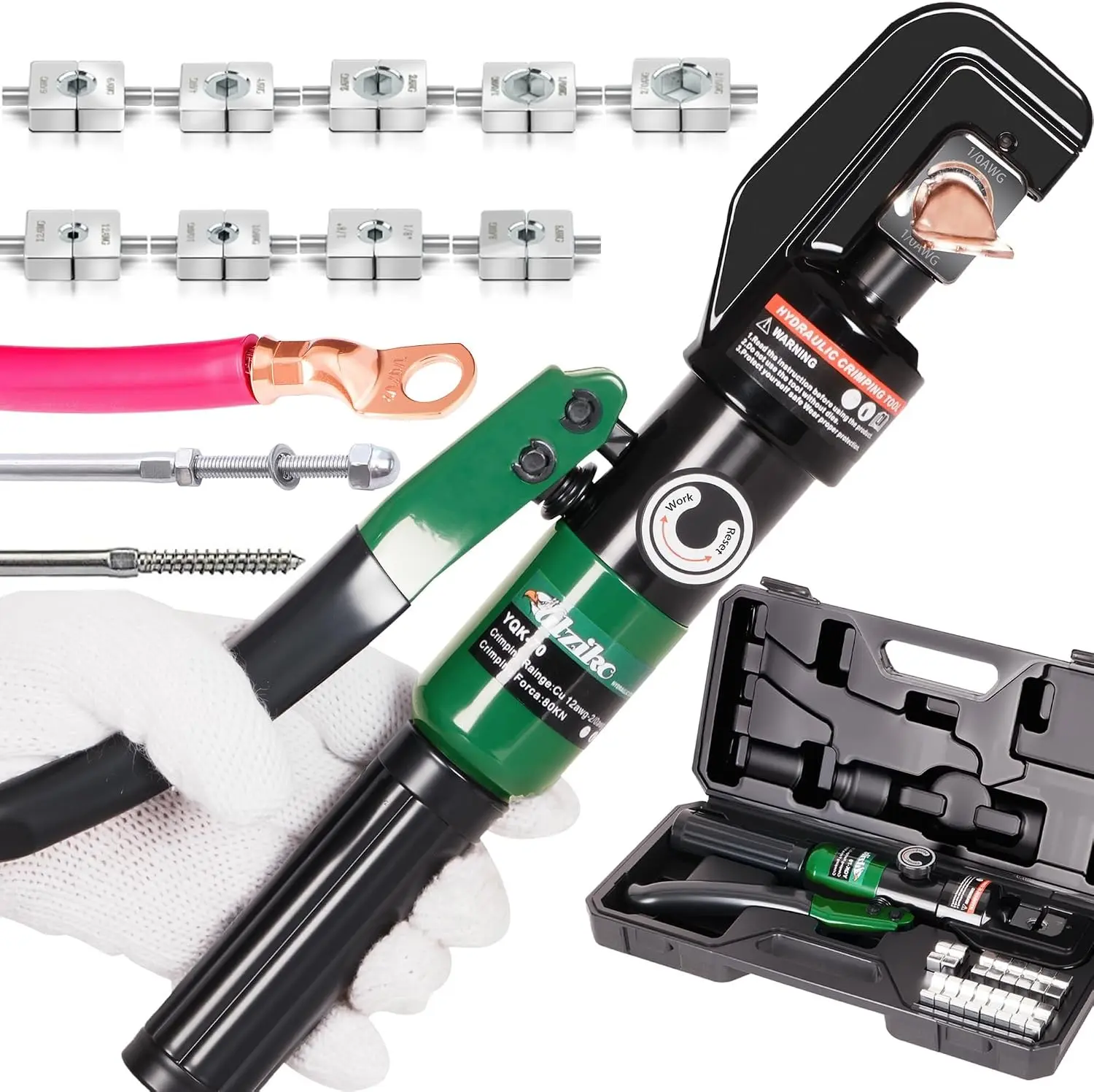 10-Ton Hydraulic Cable Lug Crimper 12 AWG-2/0 AWG with 9 Dies | For electricians, crimps 12 AWG to 2/0 AWG copper and aluminum cable lugs with 9 interchangeable dies.