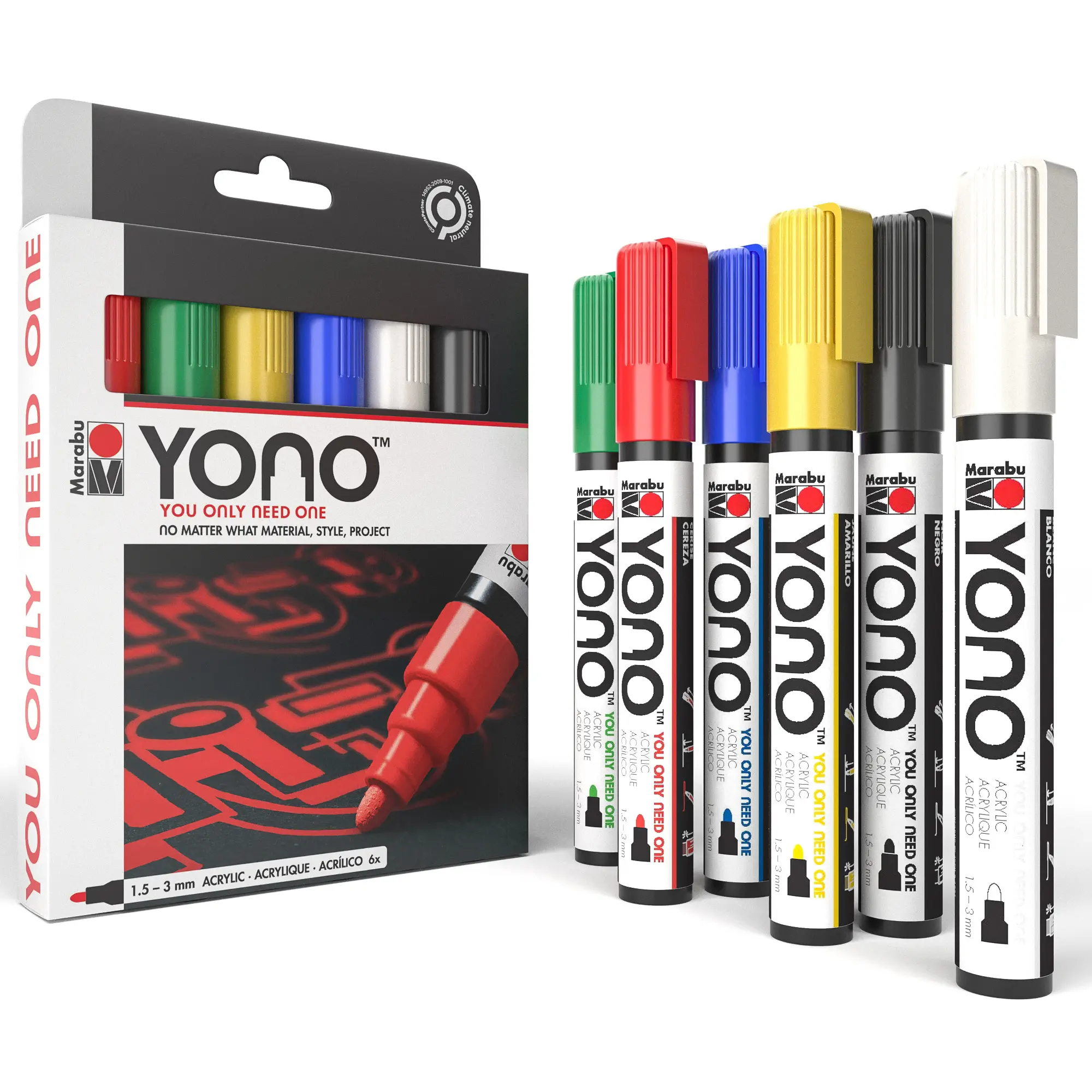 Marabu YONO Premium Acrylic Colored Markers - 6 Pack Fabric & Mixed Media Pens for Rocks, Street Art, Office Stationery & Art Supplies