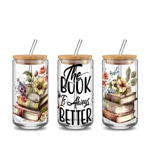 Book Lover Glass Tumbler, 1 Count Bamboo Lid & Straw Glass Drinking Cup, Reusable Glass Cup for Coffee, Juice, Milk, Perfect Gift for Coffee Lovers, Bottle, Glass Water Bottle, Drinkware