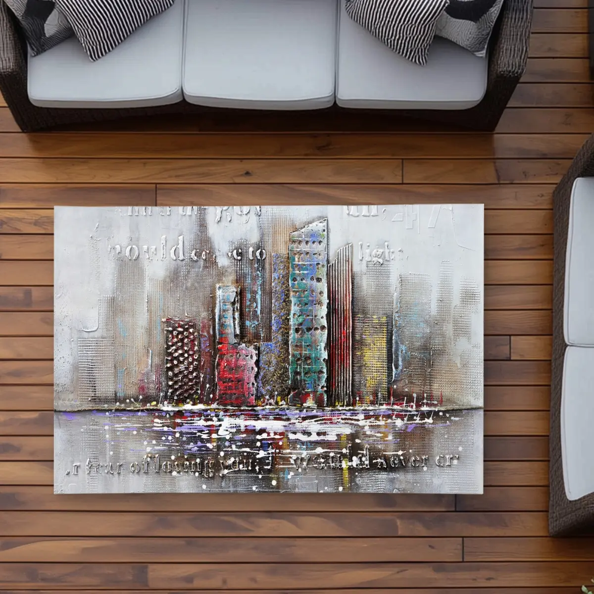 360 stand Outdoor Rug, 3x5 ft Rectangle Turquoise Industrial Rug with Urban Art Cityscape Print, Relief Detail for Outdoor Areas, Industrial Look, 3' X 5', Patio Rug