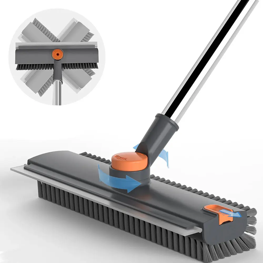 3-in-1 Floor Scrub Bathtub Brush with Long Handle, Double-Sided, Heavy-Duty Stiff Bristles & Squeegee – Scrape & Scrub for Shower, Bathroom, Patio, Garage, Kitchen, Wall & Deck – Home Cleaning Essentials