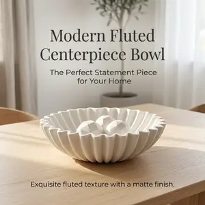 White Fluted Decorative Bowl, Artistic Sculptural Textured Centerpiece Bowl for Modern Home Tabletop Living Room Decor