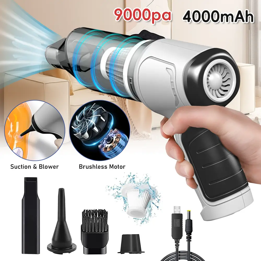 3-in-1 Portable Wireless Cordless handheld Vacuum Cleaner Rechargeable with 9000PA Powerful Suction for Car/Office/Home, Extension Function to inflate