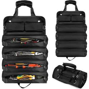 Roll Up Tool Bag, Heavy-Duty  Tool Roll Organizer with 4 Compartments and 2 Detachable Zipper Pouches, Compact Tool Storage for Mechanics, Electricians, RV and  (Black)