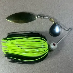 Custom Bingo Spinnerbait, 3/8oz Black & Chartreuse Tandem Colorado-Willowleaf Nickel/Gold Brass Based Blades with 80-Strand Tournament-Grade ProUmbrella Skirt, Premium Components, Hand-Crafted in Texas, USA.