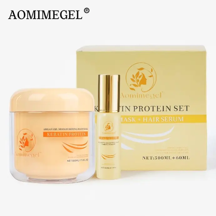 Aomimegel Cruelty-Free Haircare Collagen Hair Mask & Argan Oil Serum Set - Repair Hydrating Treatment for Adults' Dry, Damaged Hair - 500ml + 60ml, Moisturize, Leave On Mask, Curly Locks, Moisturizer, Restore, Smooth, Hydration Boost