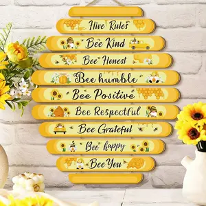 Bee Theme Wooden Wall Decor Set, Hive Rules Positive Slogan, Farmhouse Style Living Room Bedroom Decoration, Kitchen Dining Art