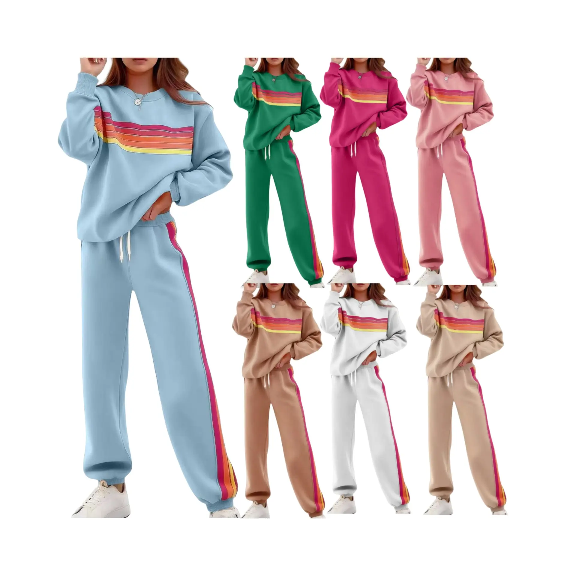 Women's 2-Piece Basic Comfortable Striped Crew Neck Longsleeve Sweatshirt & Baggy Sweat Pants Set, Loose-Fit Lady Loungewear for Spring Everyday Use, Essential Womenswear Clothing Set, Baggy Sweat Pants & Top Sets