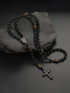 Men's Tiger Eye Stone & Lava Stone Beaded Necklace, Fashionable Cross Charm Decor Necklace, Cross Necklaces for Party, Daily Decor, Trendy All-match & Exquisite Jewelry for Birthday Gift
