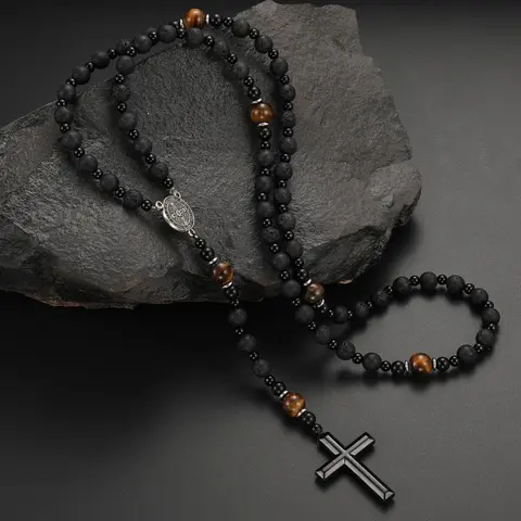 Men's Tiger Eye Stone & Lava Stone Beaded Necklace, Fashionable Cross Charm Decor Necklace, Cross Necklaces for Party, Daily Decor, Trendy All-match & Exquisite Jewelry for Birthday Gift, Jewelry Gifts