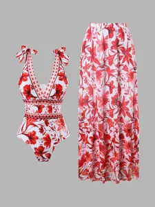 Women's All Over Floral Print Slim-Fit Tie Shoulder Backless One-Piece Swimsuit & Layered Ruffle Hem Cover-Up Skirt Set, Casual Fashion Chic Swimwear Set for Beach Holiday Vacation, Ladies Swimsuit for All Seasons, Beach Cover Ups, Swimwear Coverups