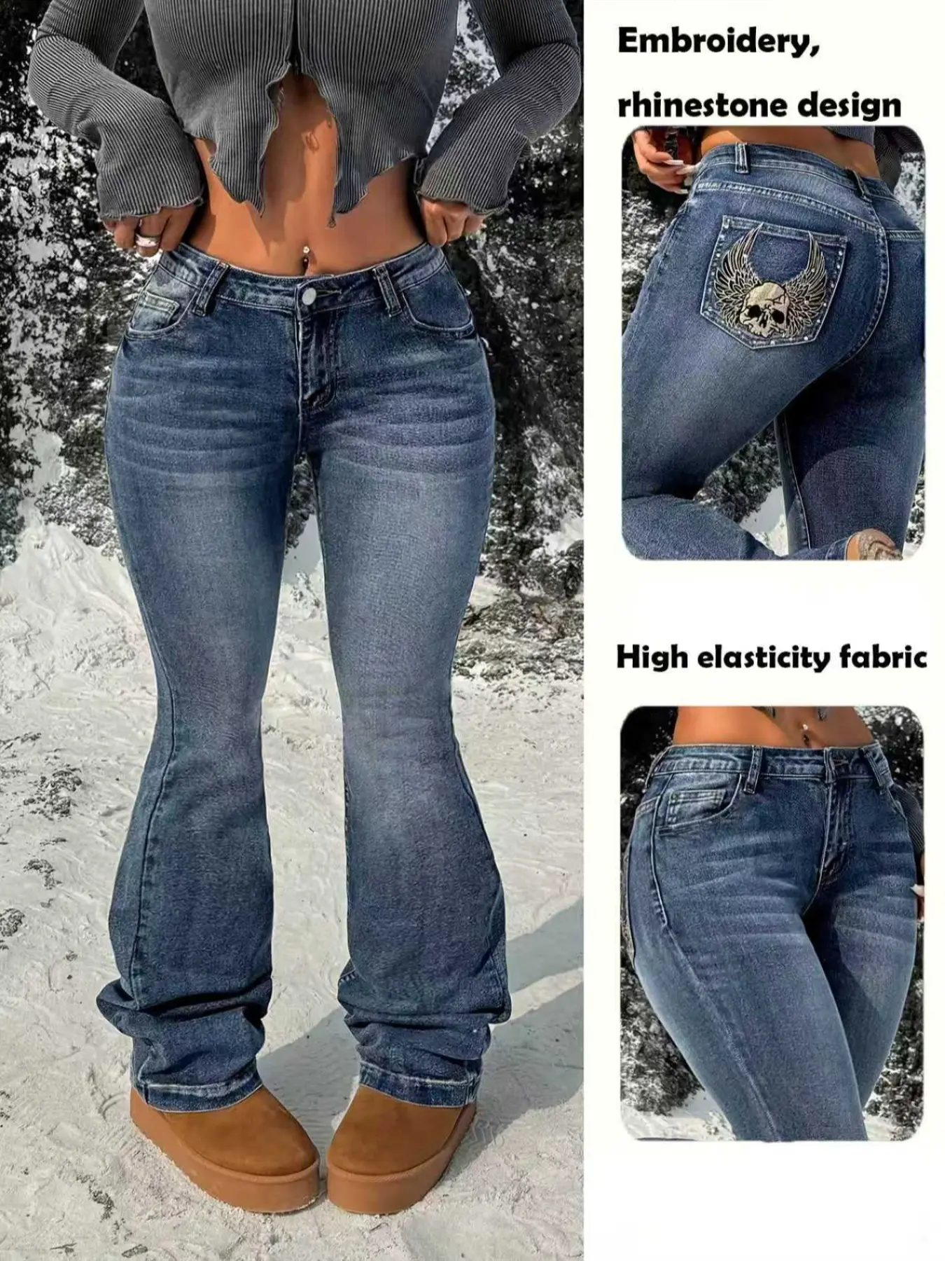 Women's Embroidered Rhinestone Elastic Flare Pants, Casual Ladies' Long Trousers, Comfortable and Stylish, Perfect for Daily Wear, Jeans