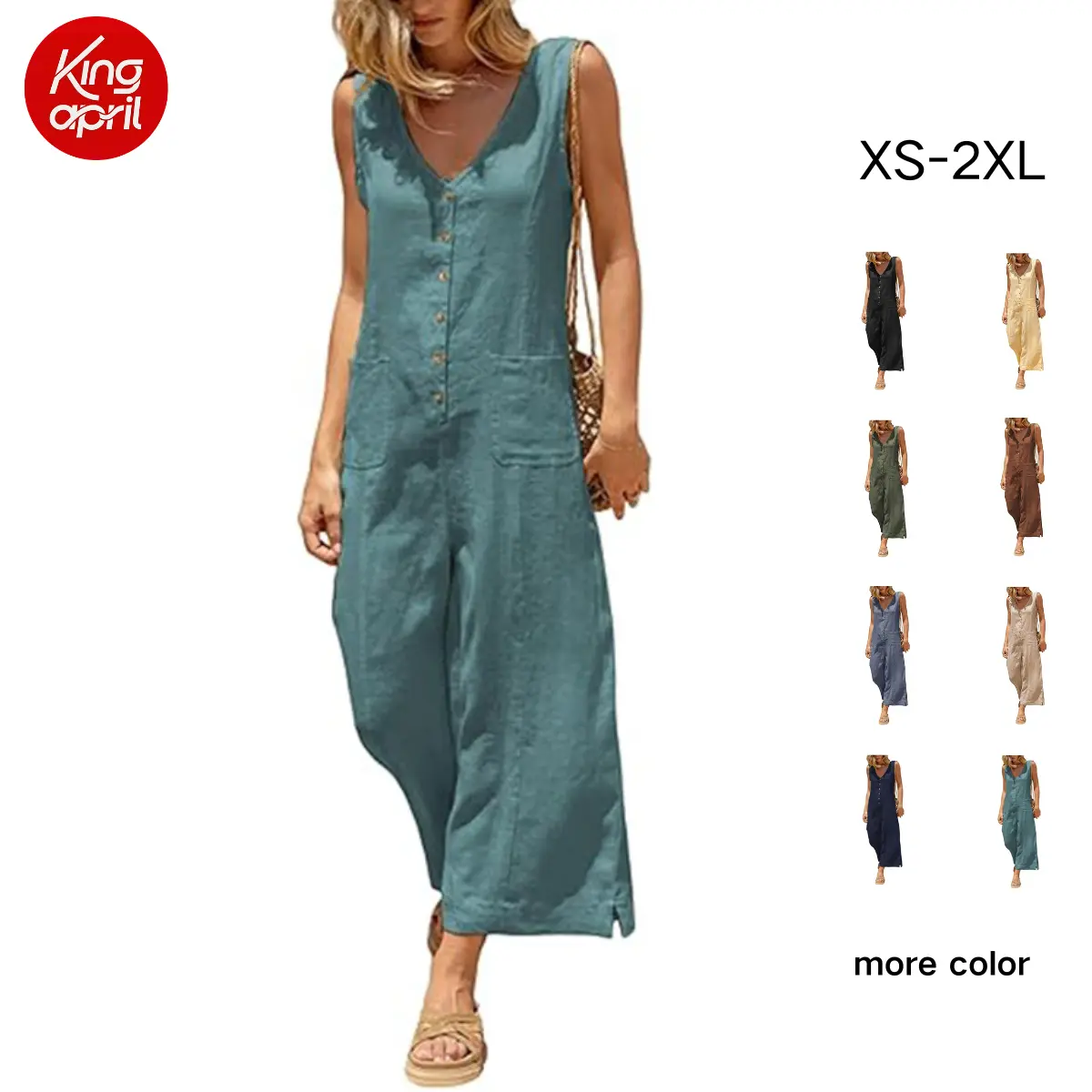Kingapril SummerVibes Women Button Down Jumpsuits Cotton Linen Sleeveless Casual Wide Legs Rompers Loose Overall with Pockets