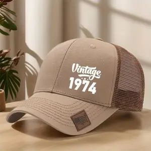Unisex Casual Vintage 1974 Graphic Print Baseball Cap, Polyester Breathable Mesh, Adjustable Size, Curved Brim, Leather Patch, Map Outline Design for Spring Summer Outdoor Use