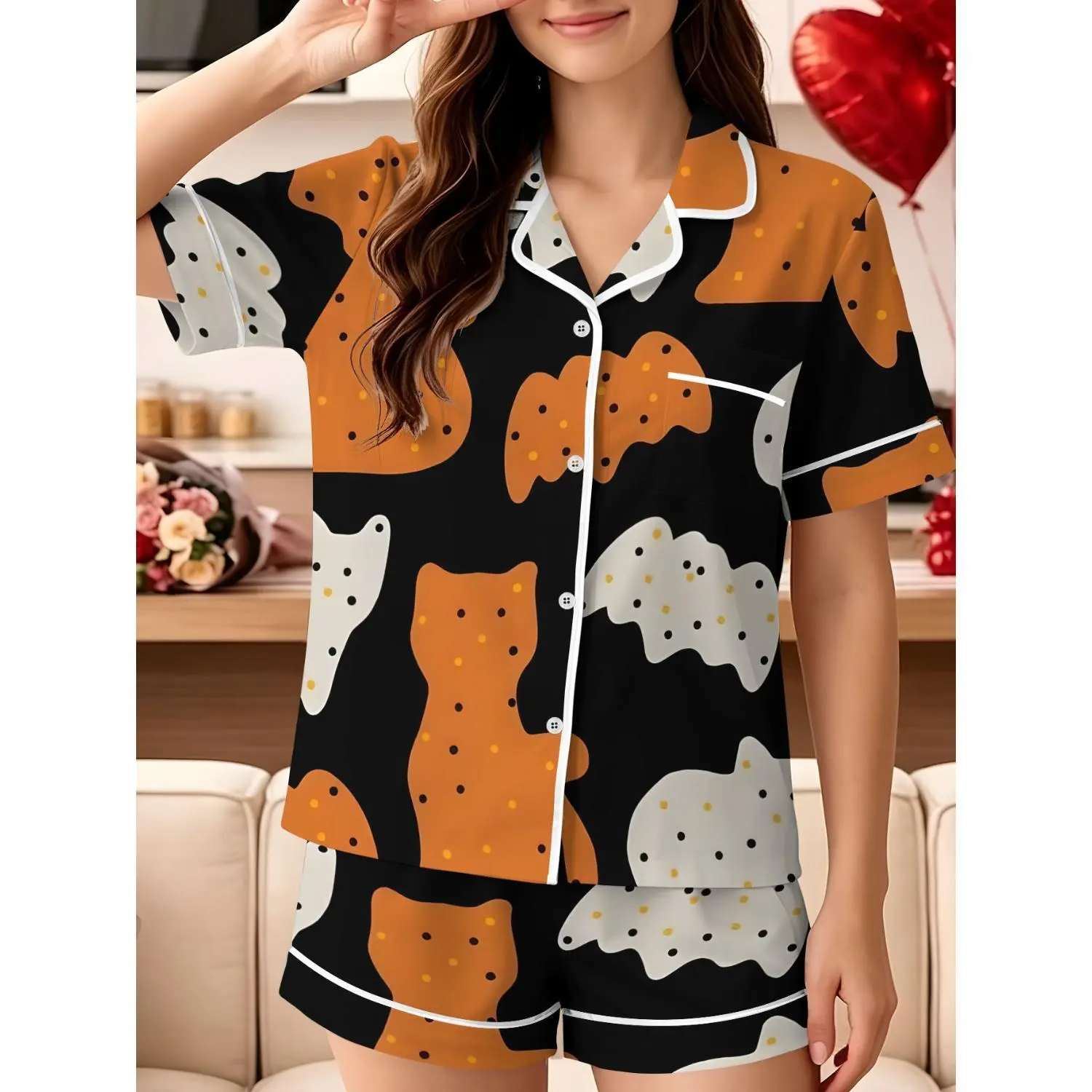 Women's Halloween Pajama Set with Pumpkin, Cat & Bat Print, Short-Sleeve Collared Top and Matching Pants, Comfortable 2-Piece Loungewear Outfit