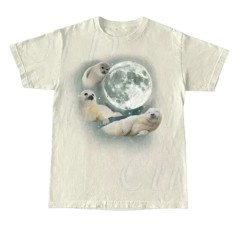 Women's Vintage Fitted Cotton Graphic T-Shirts - 3 Designs (Baby Seal, Retro Sea Dog, Moon-Moon Graphic), Streetwear Style Casual Tops, Washed Short-Sleeve, All-Day Ease, Seal Lovers Pick, Soft Fabric