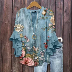 Vintage Floral Print Ruffle Sleeve Top Blue Light Womenswear Bohemian Casual Chic cute tops going tops women's summer outfits cute summer outfit Blouses light boho flowy plus size Flowers Breathable drape shirts Vibe