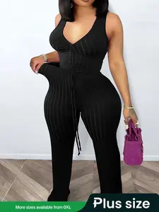 Sexy Plus Size Women's Two-Piece Set, Deep V Neck Backless Crop Top & High Waist Shorts, Casual Summer, Loose-Fitting Design