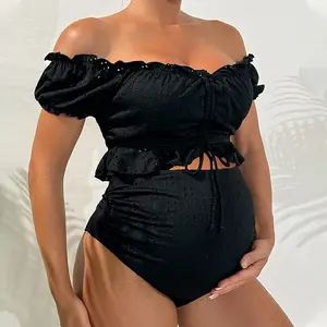 Women's Maternity Two Piece Swimsuit, Black Eyelet Off The Shoulder Bikini Set, Ruched High Waisted Tummy Control Over Bump Maternity Bathing Suit