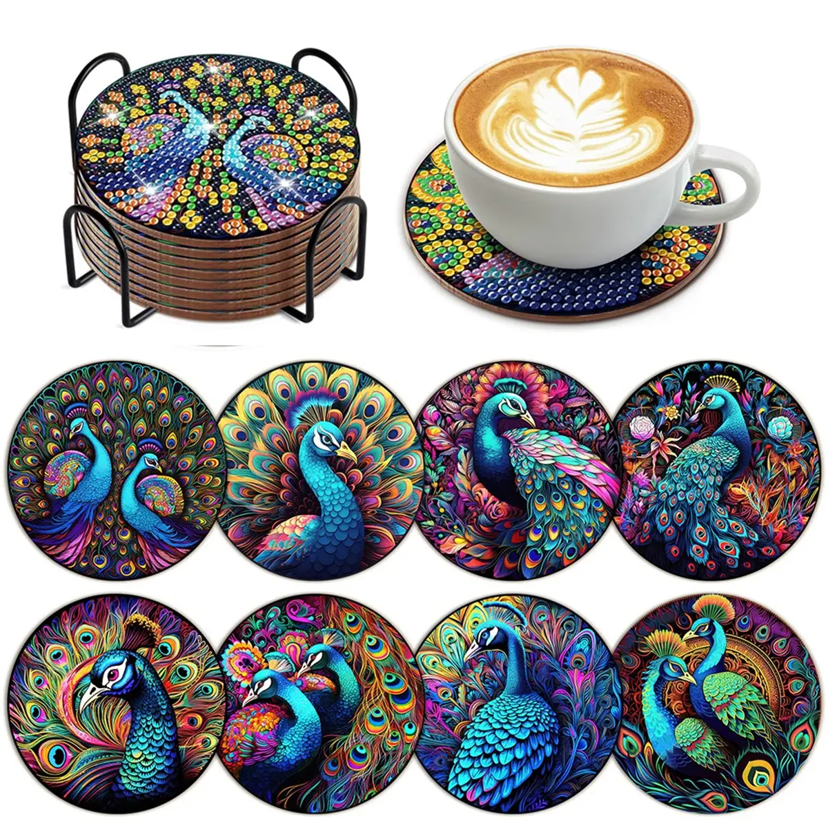 Set of 8 Peacock Pattern Wooden Coasters, DIY Creative Diamond Painting Drink Coasters, Unique Holiday Decor for Home, Kitchen Coasters, Decorative Coaster, Coasters For Drinks