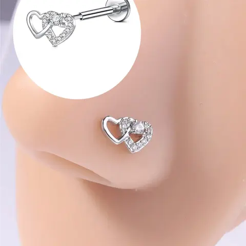Stainless Steel Heart Nose Ring, Septum Piercing, Cubic Zirconia Push-In Stud, Women's Piercing Jewelry, Body Piercing Jewelry, 16g/20g 6mm/8mm, for Soft Cartilage & Earlobes, Stud Nose Rings, Septum Pierced Ring