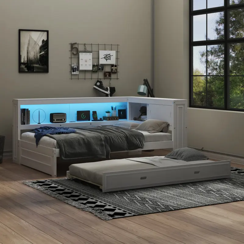 Full Size Daybed with Bookcase Headboard and Trundle, Wooden Platform Bed Frame with Storage Shelves, USB, LED, No Box Spring Needed, White