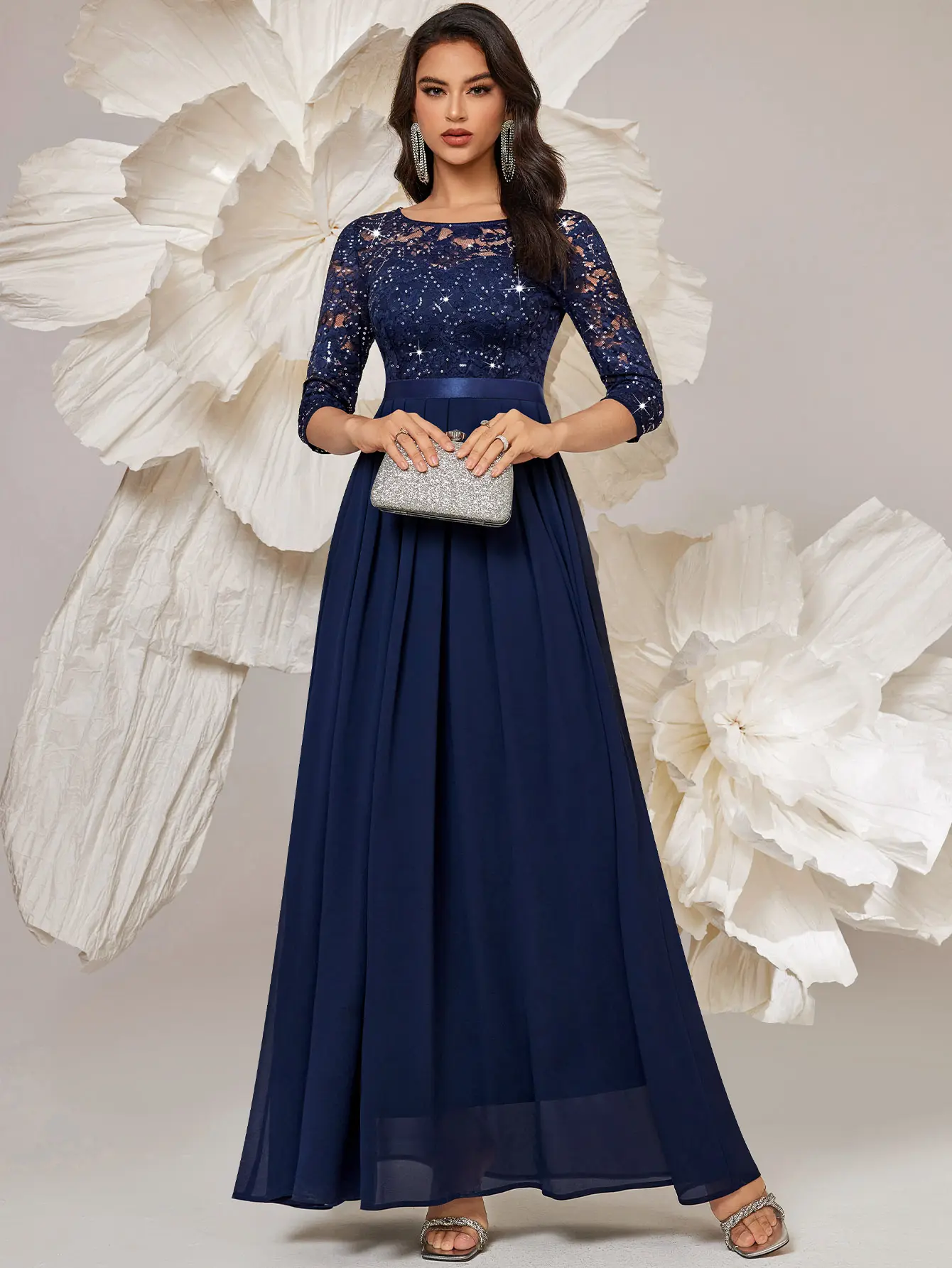 Miusol Women's Sparkly Formal Party Maxi Dress - 3/4 Sleeve, Elegant Sequin Floral Lace, Pleated Hem, Chiffon, Ruched, Ruffle, Fit, Spandex, Basic, Zipper, Formal Wear for Cocktail & Evening Events, Formal Dresses For Women, Elegant Dresses For Women
