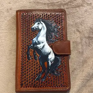 Western Horse Leather Wallet Genuine Tooled Rodeo Style with Detailed Horse Design and Brown Leather Accents