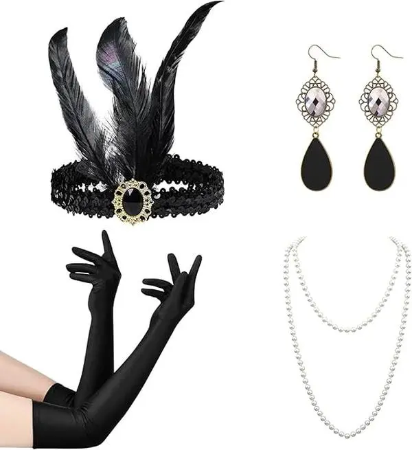Women's 4-Pcs 1920s Roaring Vintage Satin Crystal Flapper Set with Headband Headpiece, Fits Halloween Party Cosplay Costume Accessories - Home Improvement Building Supplies Wallpaper & Wall Trim