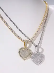 Men's Hip Hop Heart Shaped Necklace Copper Heart Pendant Rhodium Plated Stackable Rapper Jewelry, Fashion Accessory for Men, Modern Versatile Accessories