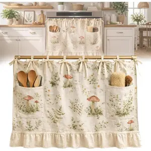 Kitchen Cooking Apron With Pockets and Stove Cover, Multi-Functional Oven and Microwave Storage, Farmhouse Plant Print, Durable Dishwasher Curtain for Spring Door and Kitchen Organization